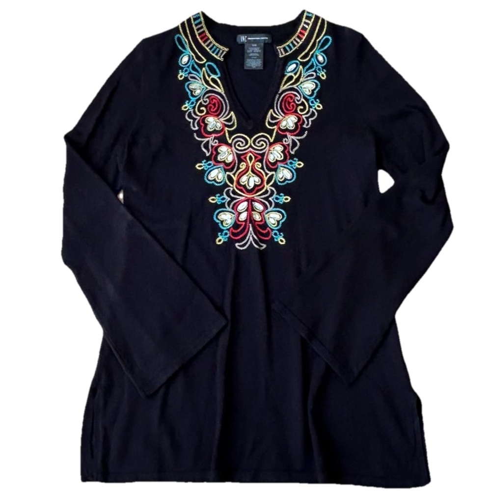 INC International Concepts Black Embroidered Tunic Top Boho M
